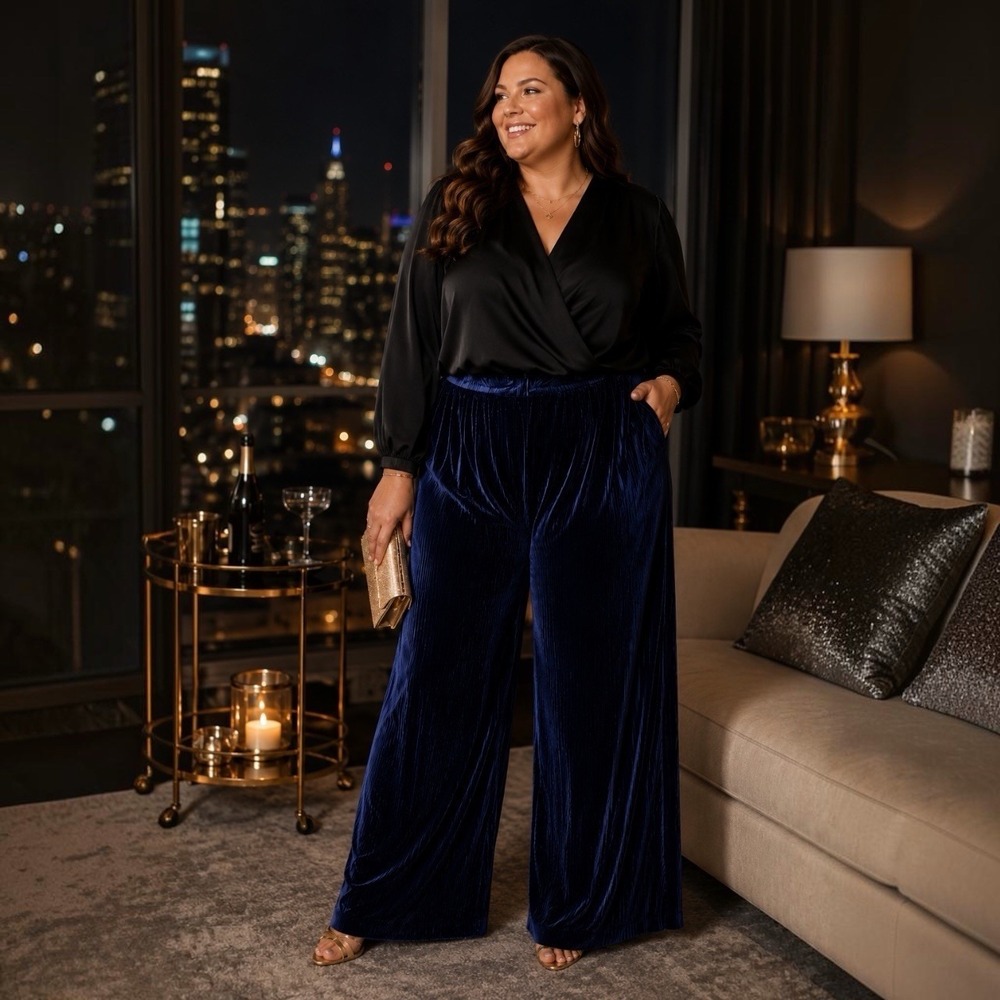 Eloquii Navy Velvet Pleated Wide Leg Pants Size 18 Plus Size Glam